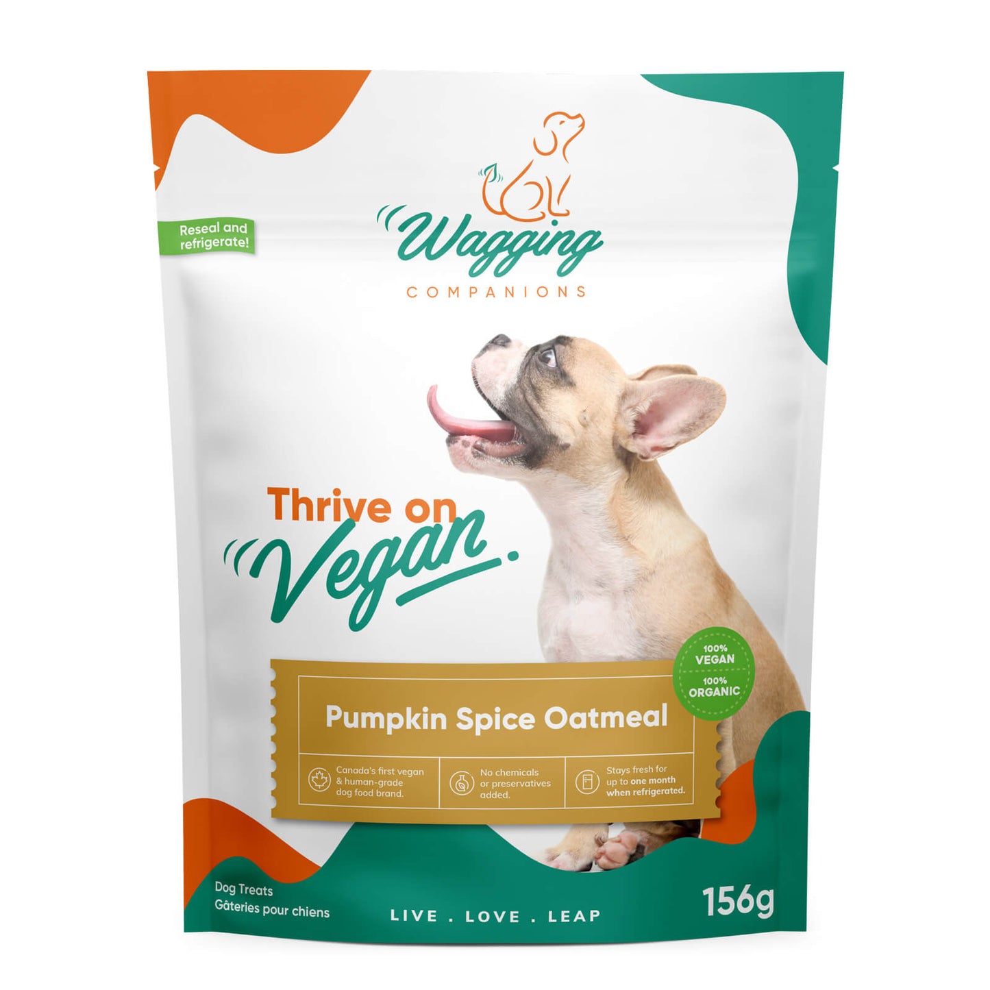 Front view of Wagging Companions' pumpkin spice oatmeal blend dog treat packaging. The package highlights the enticing pumpkin spice oatmeal blend, in line with the brand's 'Thrive on Vegan' commitment, offering a flavorful, plant-based option for pet owners seeking varied and wholesome treats.