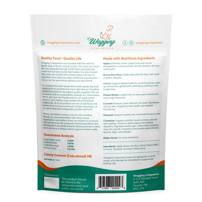 Back of the packaging for Wagging Companions dog treats. It features a message about the company's vision to help dogs thrive with whole foods and balanced meals. All products are made on Canadian soil and sourced from the highest quality suppliers. It contains a simple and transparent ingredient list and details the benefits each ingredient has shown to have on your dog’s health and well-being.