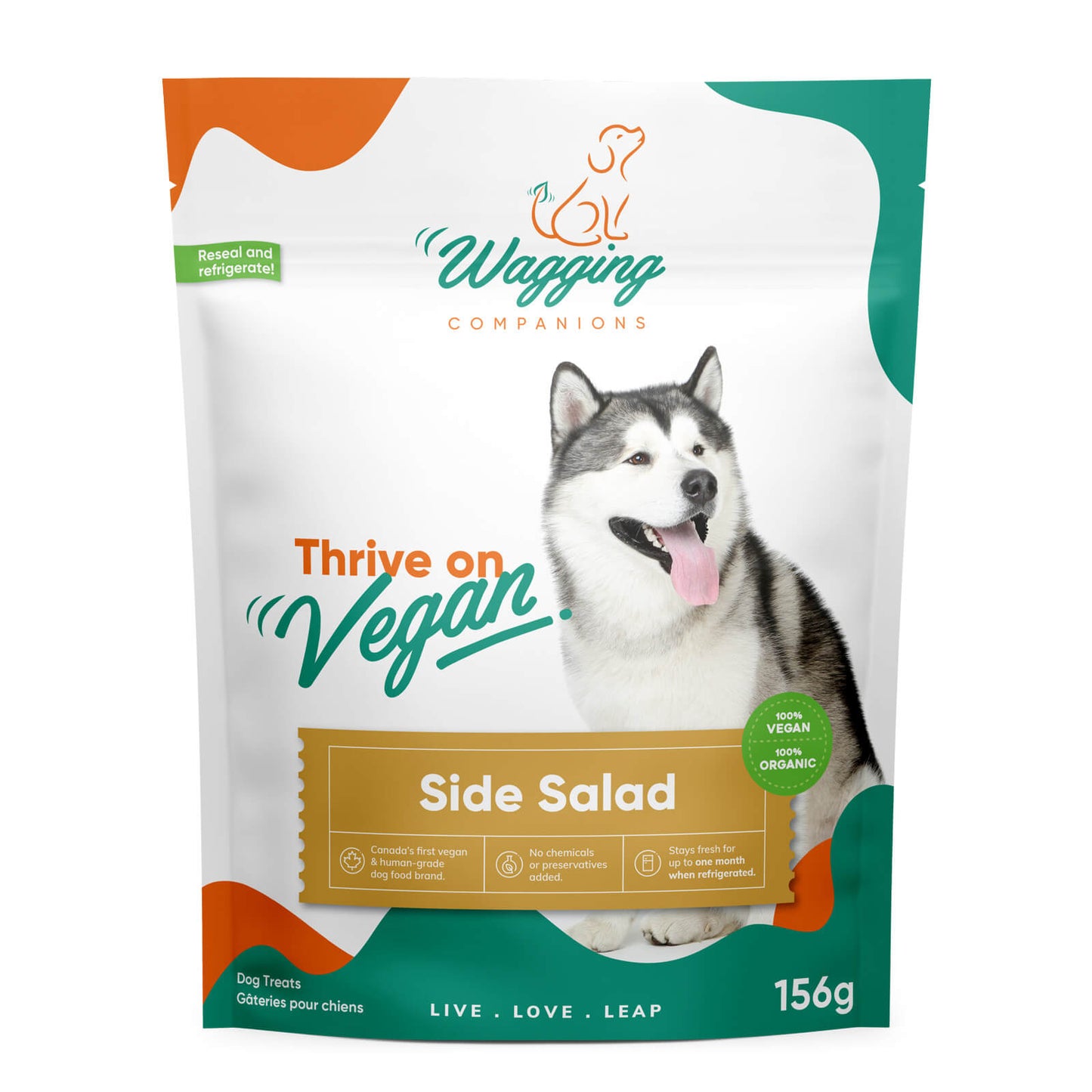 Front view of Wagging Companions' side salad dog treat packaging. The package showcases the 'Side Salad' option, aligning with the brand's 'Thrive on Vegan' message, providing pet owners with a diverse, plant-based treat selection.