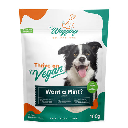 Front view of Wagging Companions' 'Want a Mint?' packaging. These charcoal-infused chews freshen breath, reduce mouth bacteria, and support oral hygiene. They offer potential benefits such as anti-aging effects, vitamins, antioxidants, and relief from allergies, respiratory issues, and stomach upsets.