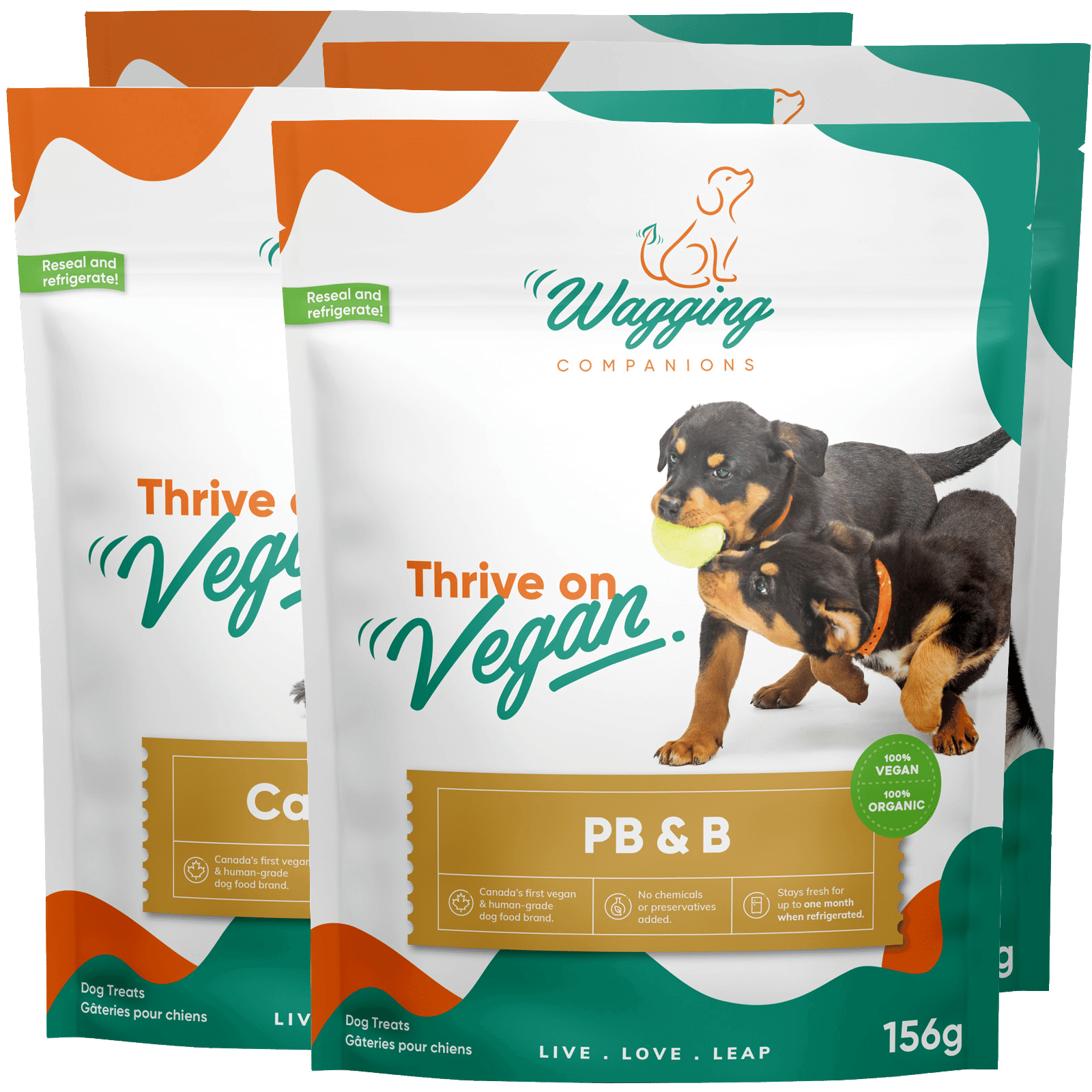 Front view image displaying Wagging Companions' four main blends in their respective packaging (all vegan). The image showcases the diverse range of blends available, featuring the brand's offerings in their distinct packaging, each representing a unique flavor profile tailored for canine preferences.