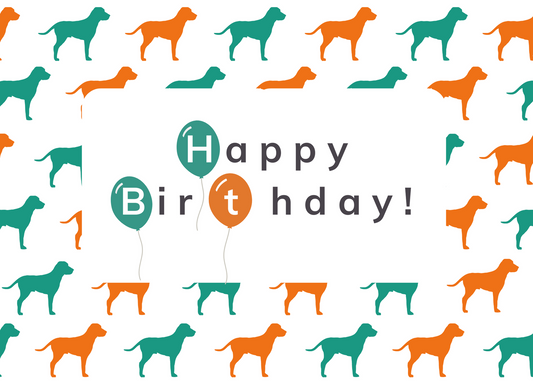 An image of Wagging Companions' e-gift card adorned with a delightful illustration of dogs and the heartfelt message 'Happy Birthday.' This card represents the joy of gifting, featuring a charming design, while also celebrating Wagging Companions' commitment to vegan treats and Canadian-made products, perfect for dog lovers and conscious consumers alike on their special day.